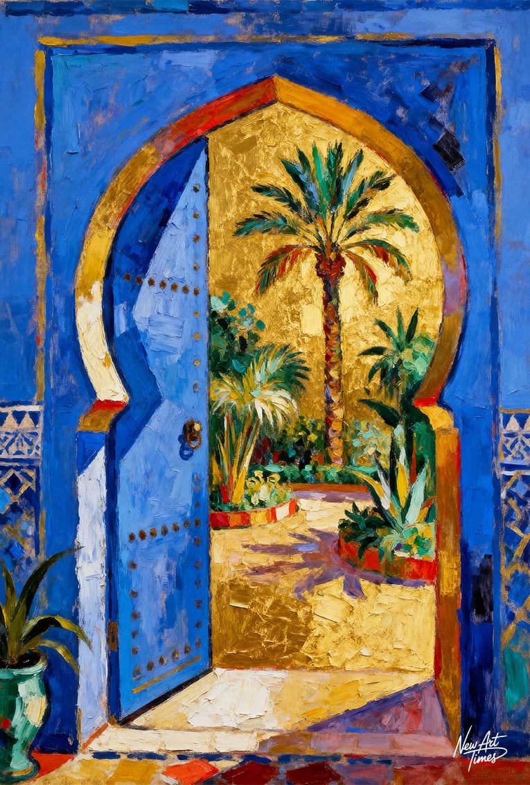 Le Jardin Derrière la Porte — œuvre originale NewArtTimes représentant une porte bleue orientale ouverte sur un jardin de palmiers baigné de lumière