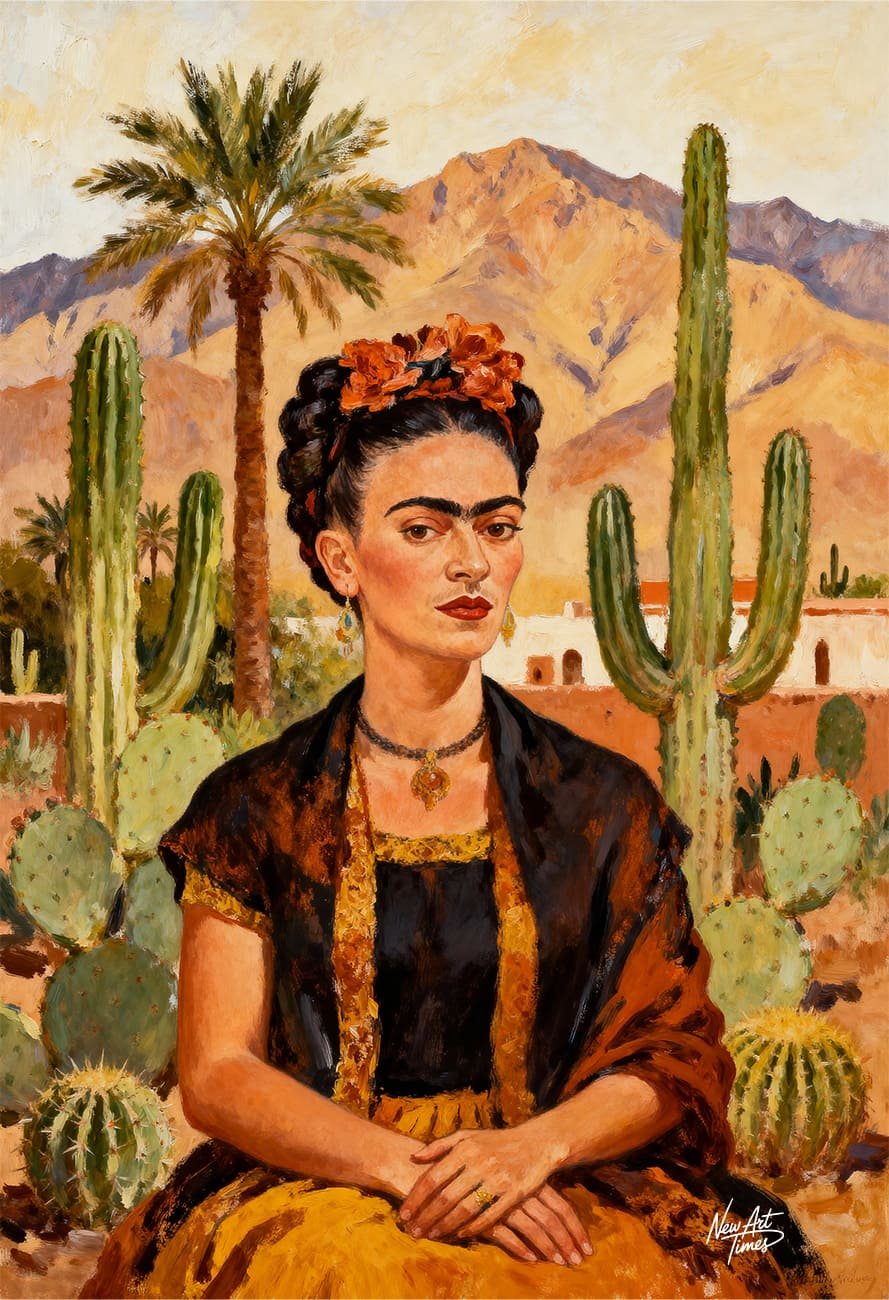 La Couronne de Braise — œuvre originale NewArtTimes, portrait féminin au cœur d’un paysage de cactus et de montagnes