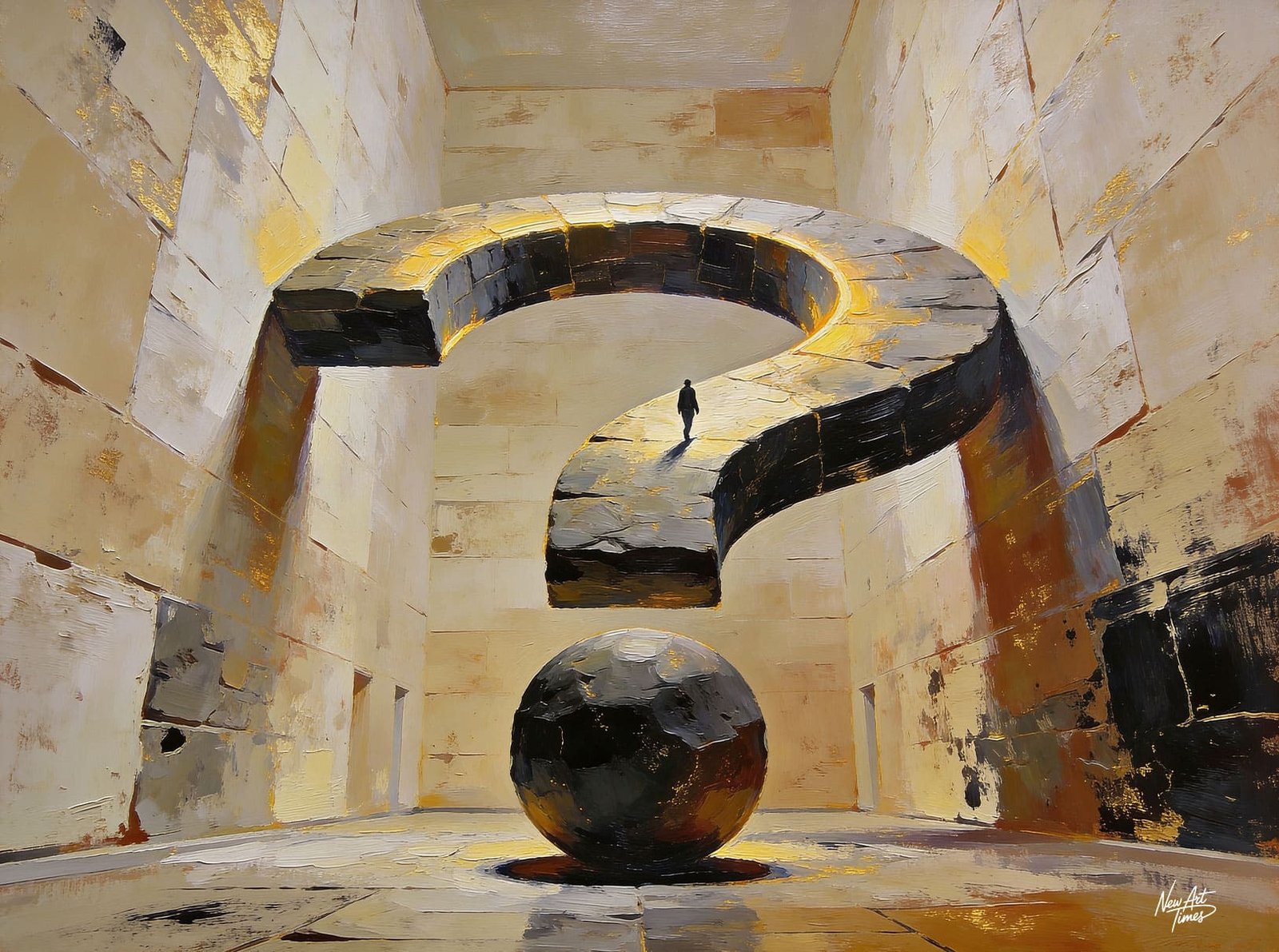 Jusqu’où ? — œuvre originale NewArtTimes représentant un personnage avançant sur une architecture monumentale en forme de point d’interrogation