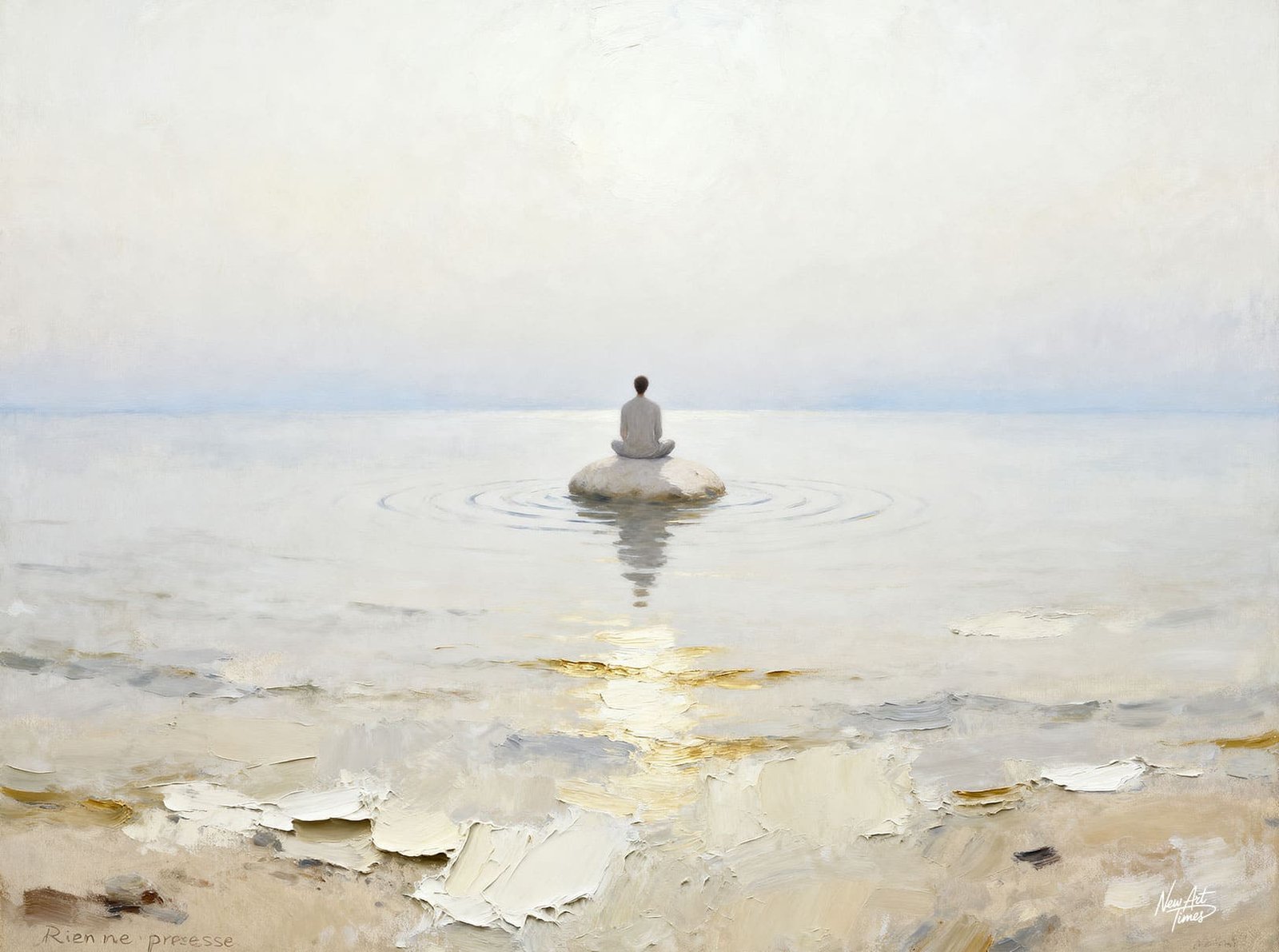 Rien ne presse — œuvre originale NewArtTimes représentant une silhouette solitaire assise face à un horizon calme et lumineux