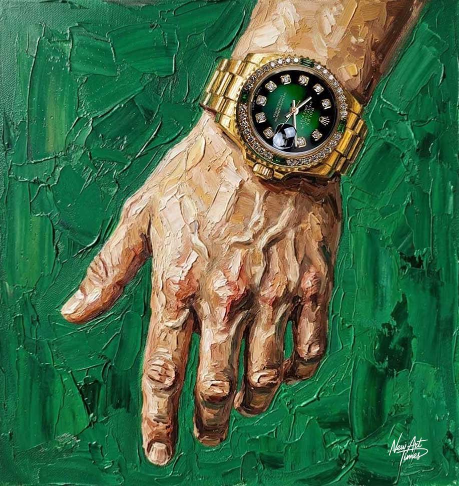 Le Temps de Lui — œuvre originale New Art Times représentant une main masculine portant une montre précieuse sur une composition verte texturée