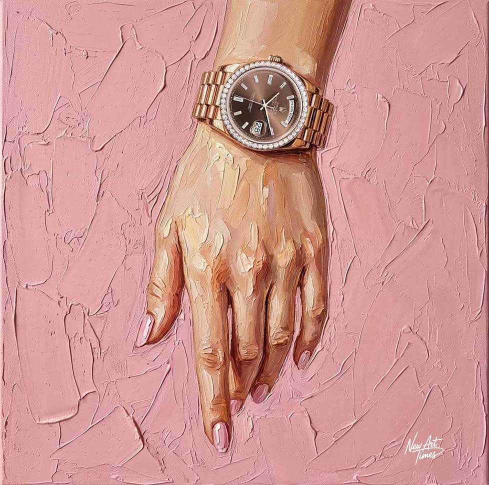 Le Temps d’Elle — œuvre originale New Art Times représentant une main féminine portant une montre précieuse sur une composition rose texturée
