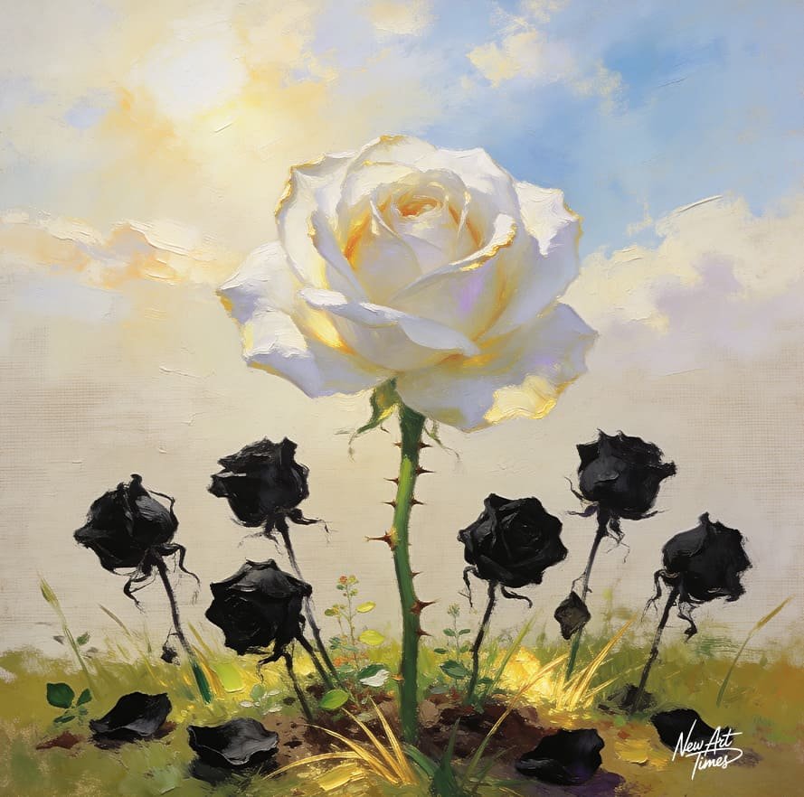 L’Élue de Lumière — œuvre originale NewArtTimes représentant une rose blanche monumentale entourée de roses noires fanées