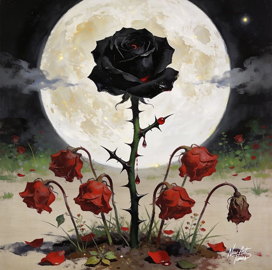 La Reine des Épines — œuvre originale NewArtTimes représentant une rose noire monumentale sous la lune entourée de roses rouges fanées