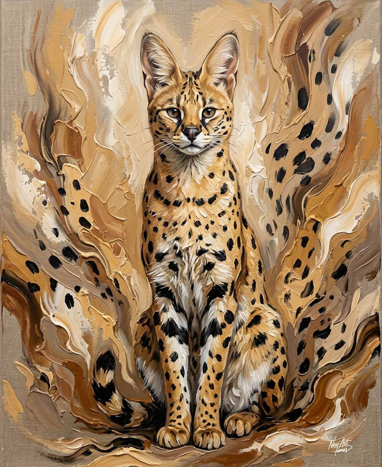 Majesté Savannah — œuvre originale New Art Times représentant un chat savannah assis au centre d’une composition texturée