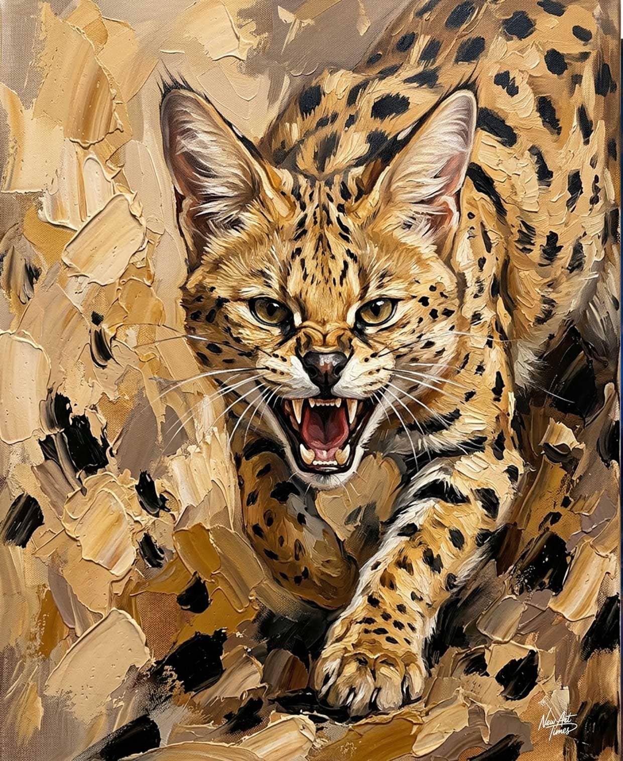 Savannah Sauvage — œuvre originale New Art Times représentant un chat savannah rugissant dans une composition texturée