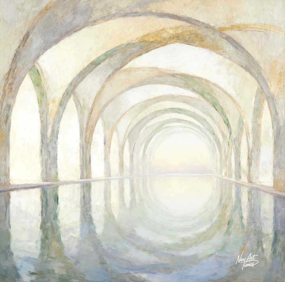 Le Silence Intérieur — œuvre originale New Art Times aux arches ivoire et sauge se prolongeant dans une eau calme