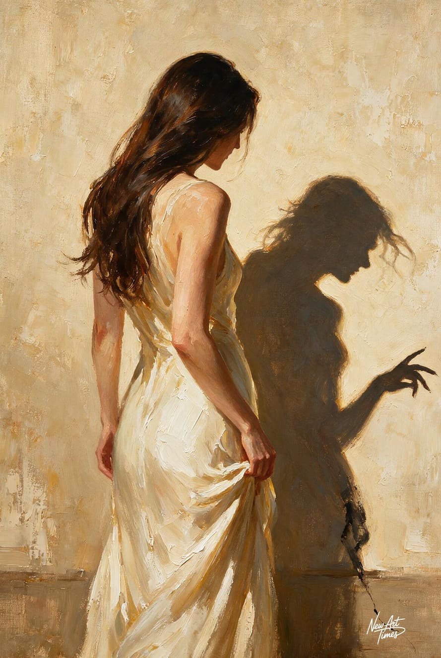La Part d’Ombre — œuvre originale NewArtTimes représentant une femme en robe claire dont l’ombre révèle une silhouette sombre et mystérieuse