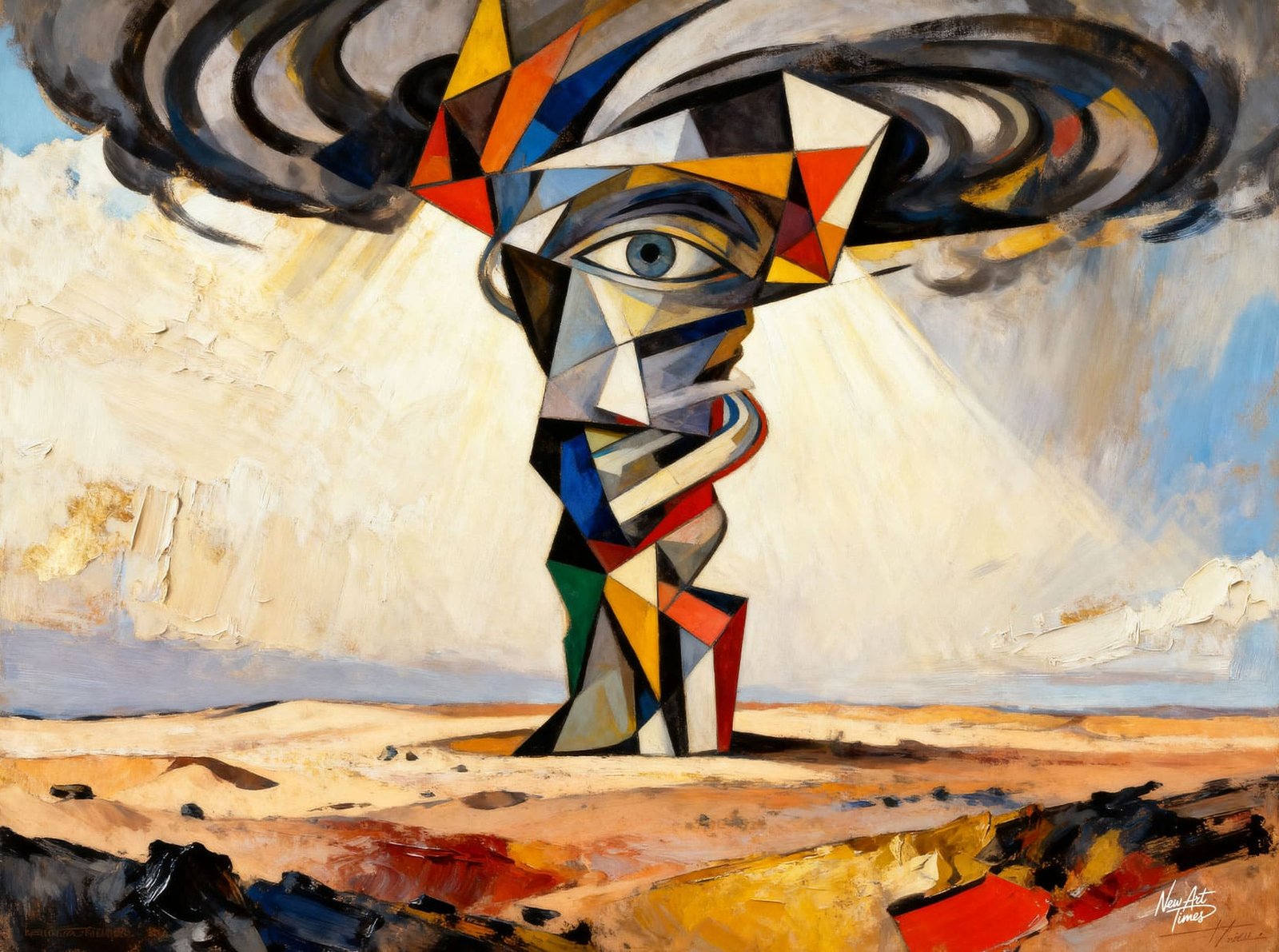 Le Cœur du Tumulte — œuvre originale NewArtTimes représentant une tornade monumentale géométrique et colorée traversée par un regard