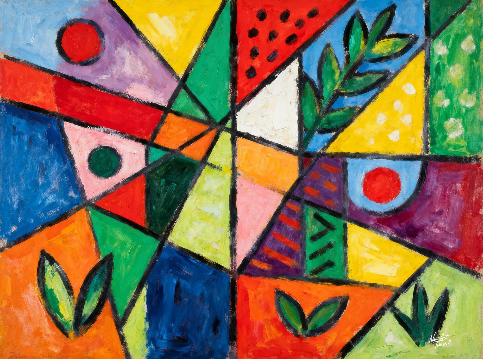 Unis, Ensemble — œuvre originale New Art Times aux formes géométriques, couleurs vives et motifs végétaux réunis dans une composition contemporaine