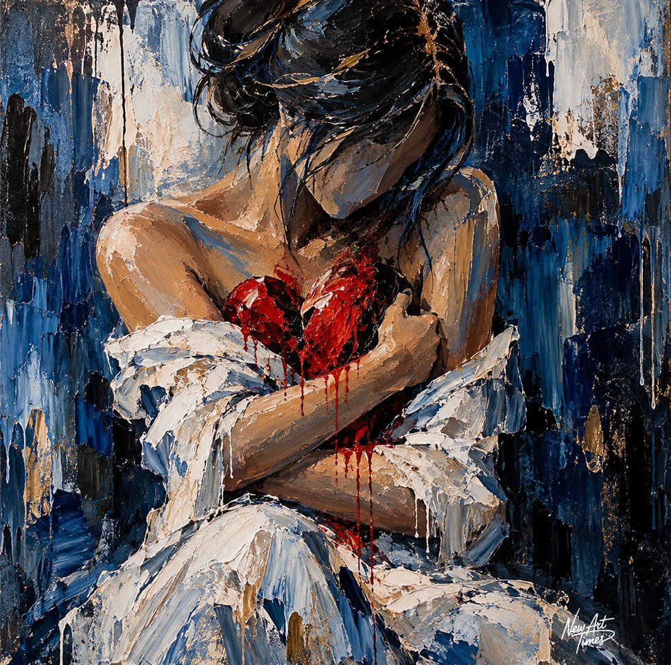 Cœur Brisé — œuvre contemporaine New Art Times représentant une femme se serrant elle-même dans ses bras autour d’un cœur rouge meurtri dans une composition expressionniste dominée par les bleus
